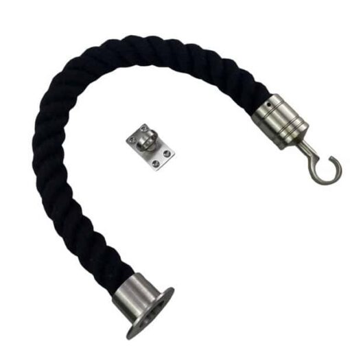 rs black polyspun barrier rope with satin nickle cup hook and eye plate