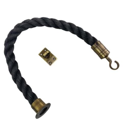 rs black staplespun barrier rope with antique brass cup hook and eye plate