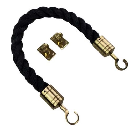 rs black staplespun barrier rope with polished brass hook and eye plates