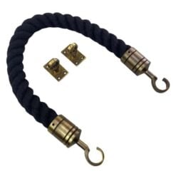 rs black synthetic polyspun barrier rope with antique brass hook and eye plates