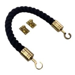 rs black synthetic polyspun barrier rope with polished brass hook and eye plates