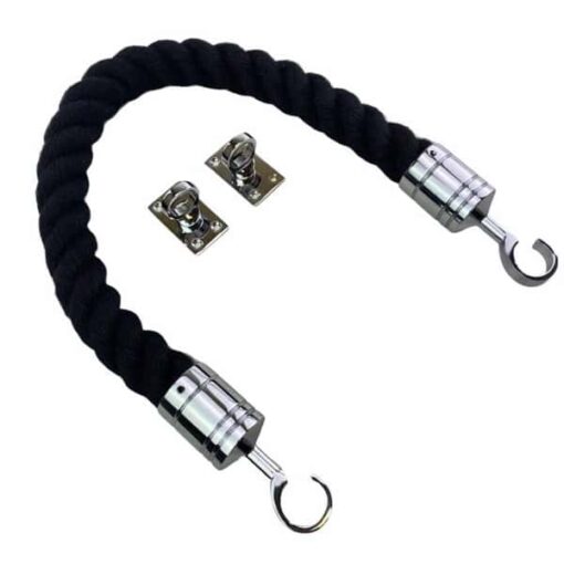 rs black synthetic polyspun barrier rope with polished chrome hook and eye plates