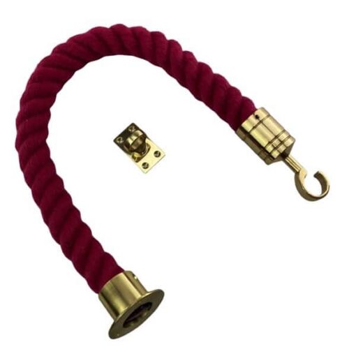 rs burgundy polyspun barrier rope with polished brass cup hook and eye plate