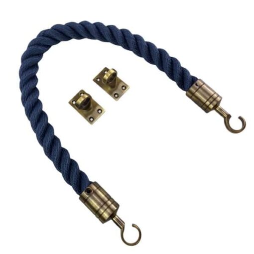 rs navy blue softline multifilament barrier rope with antqiue brass hook and eye plates