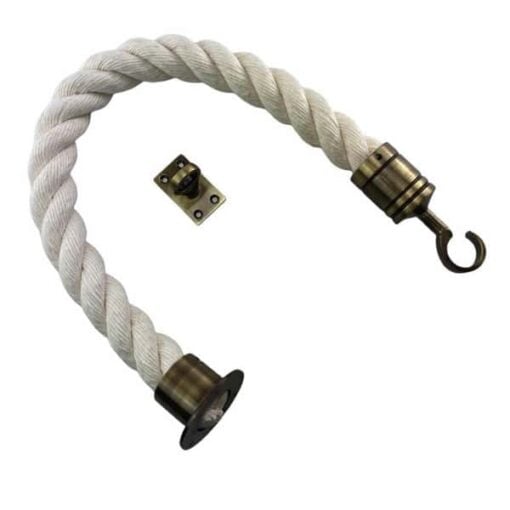 rs synthetic white cotton barrier rope with antique brass cup hook and eye plates