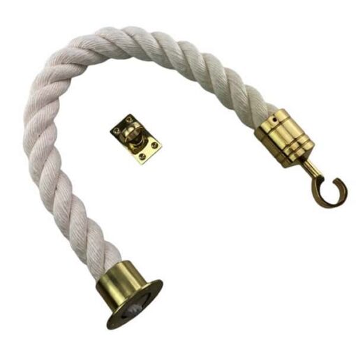 rs synthetic white cotton barrier rope with polished brass cup hook and eye plates