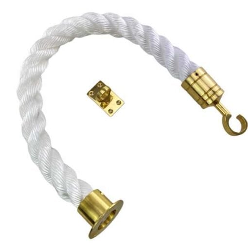 rs white staplespun barrier rope with polished brass cup hook and eye plate