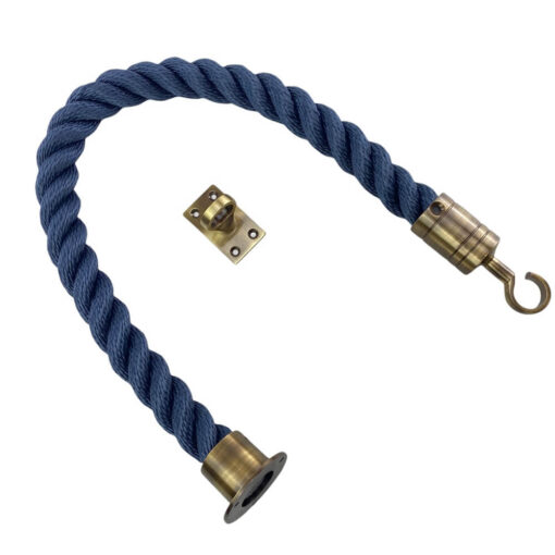 synthetic navy blue barrier rope with antique brass cup hook and eye plate