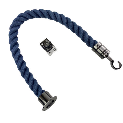 synthetic navy blue barrier rope with gun metal black cup hook and eye plate