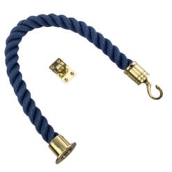 synthetic navy blue barrier rope with polished brass cup swan hook and eye plate