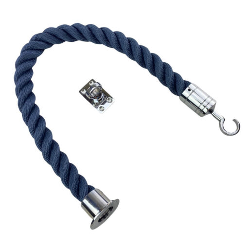 synthetic navy blue barrier rope with polished chrome cup hook and eye plate